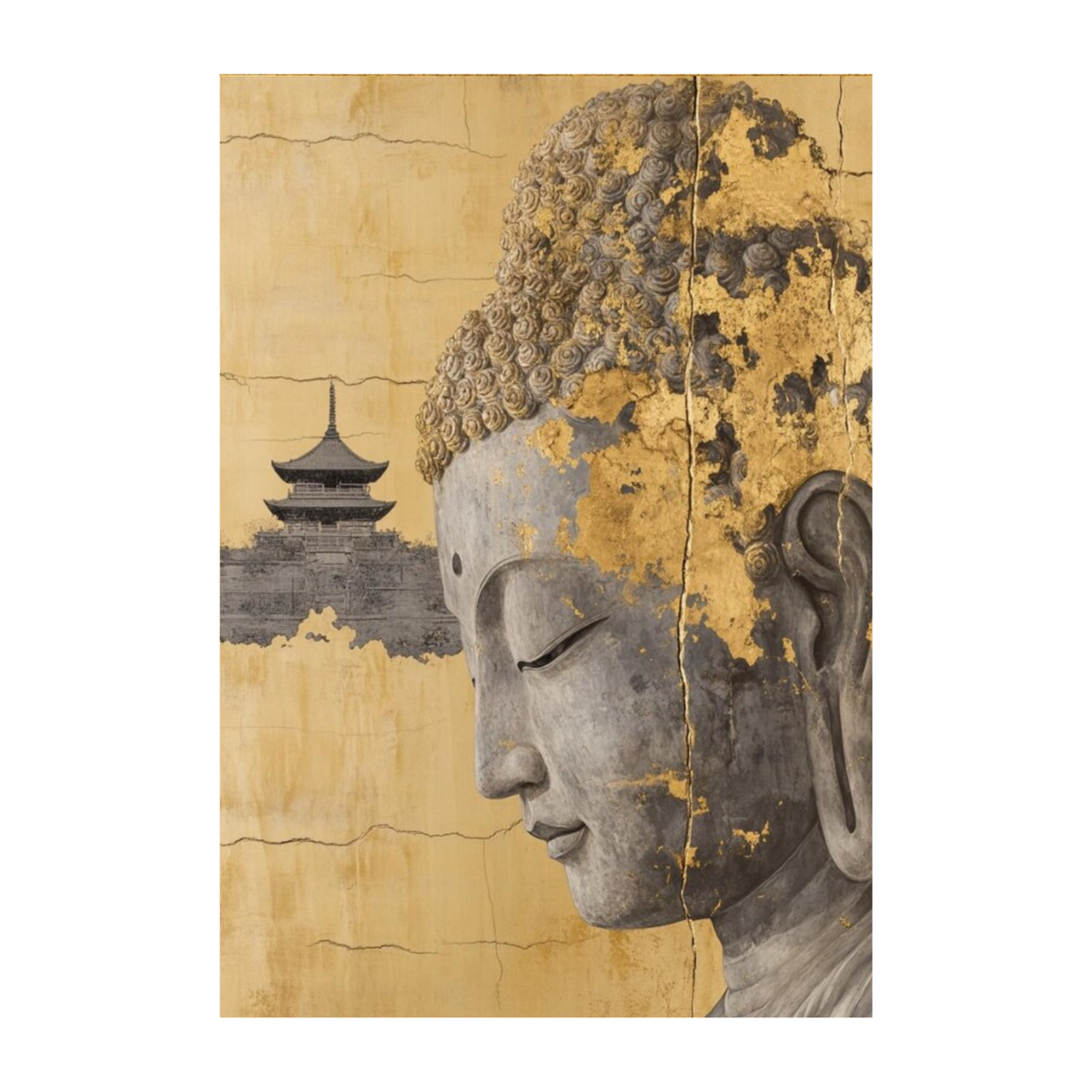 Grey Buddha side profile with gold-toned textures and a small temple silhouette.