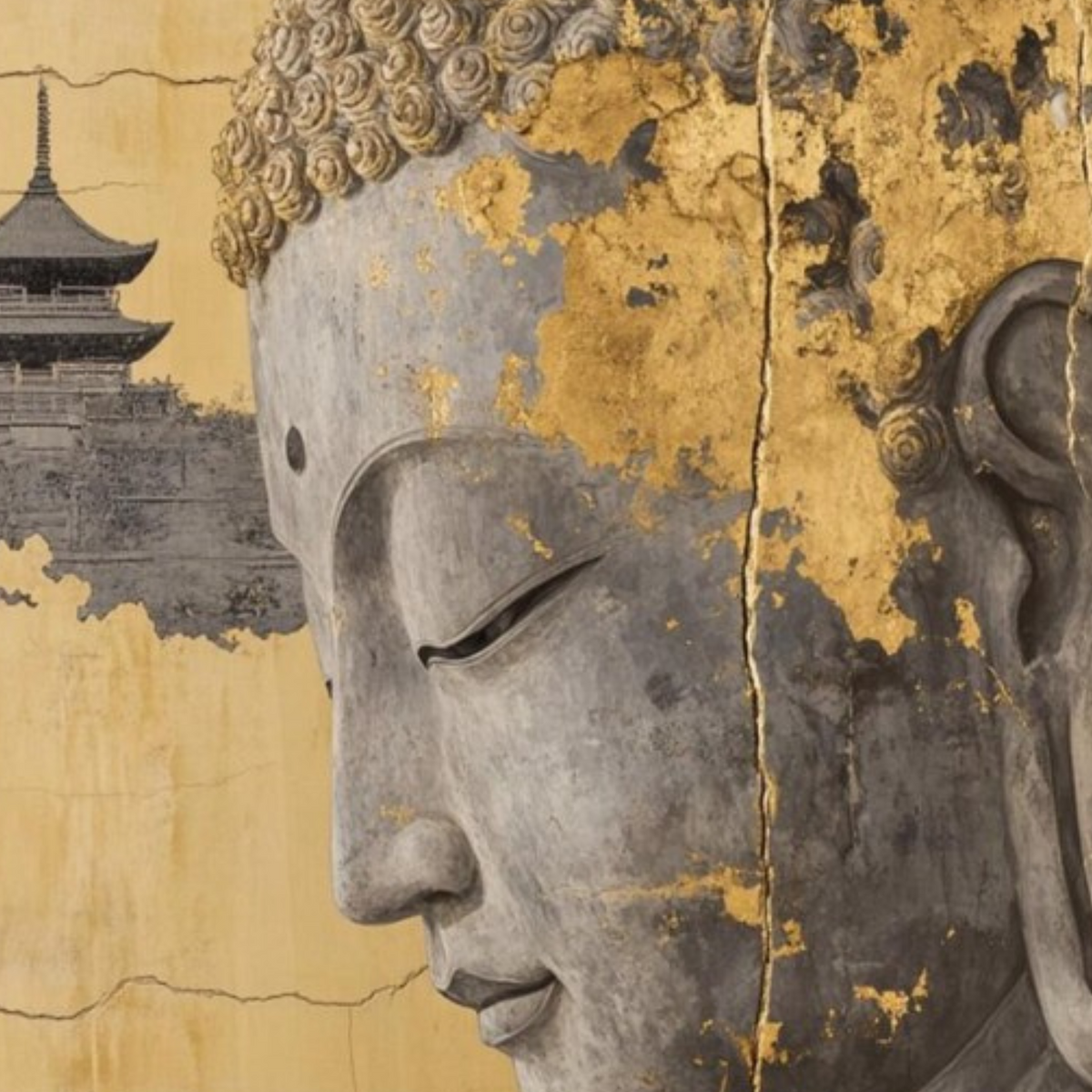 Close-up of the Buddha’s profile beside gold-toned textures and temple architecture.