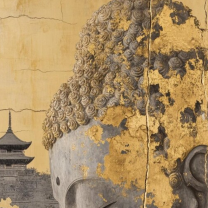 Detail of curled hair, gold-toned accents and warm textured background.