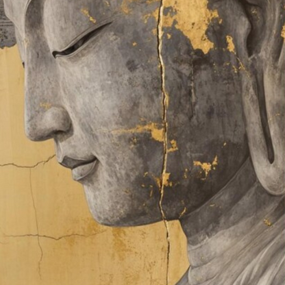 Close-up of the closed eye, nose and lips in the Buddha side profile.