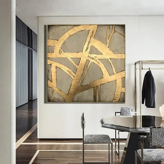 Room mockup. Broad textured gold-coloured arcs and diagonal strips cross irregular muted grey geometric fields.