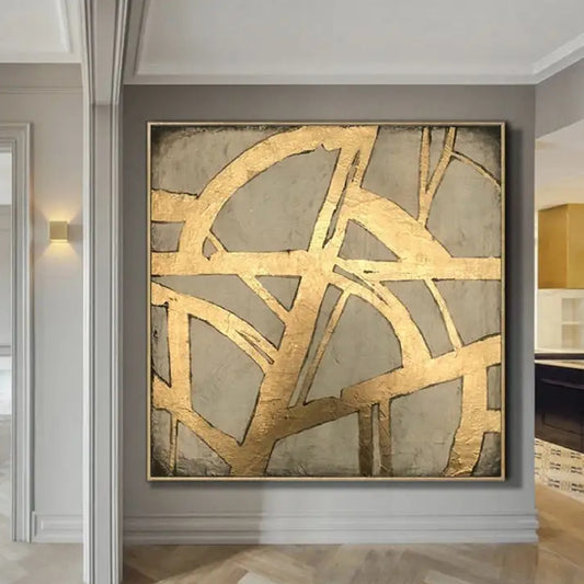 Room mockup. Broad textured gold-coloured arcs and diagonal strips cross irregular muted grey geometric fields.