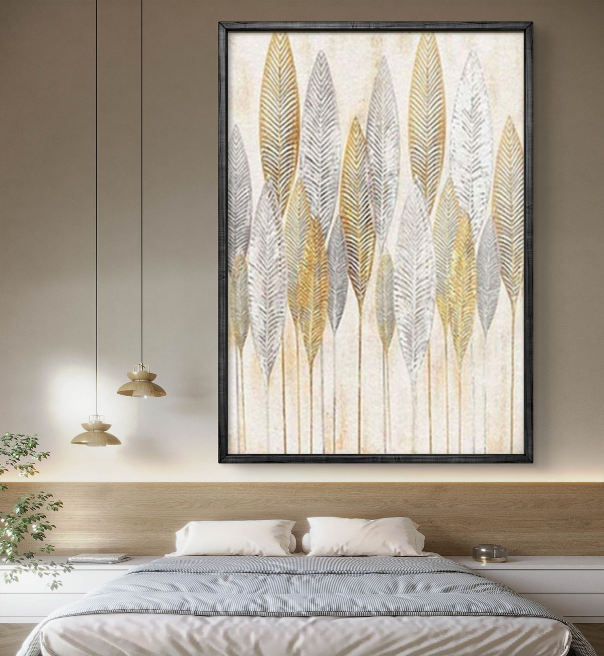 Room mockup. Tall slender gold-coloured and grey leaf skeletons with fine veins on pale cream, supported by thin stems.
