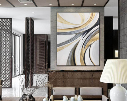 Gold and Grey Swirl Abstract Canvas – Modern Curved Line Wall Art for Contemporary Interiors