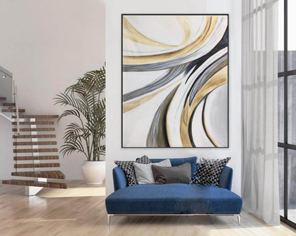 Gold and Grey Swirl Abstract Canvas – Modern Curved Line Wall Art for Contemporary Interiors
