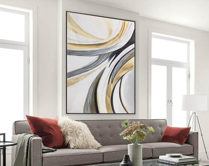 Gold and Grey Swirl Abstract Canvas – Modern Curved Line Wall Art for Contemporary Interiors
