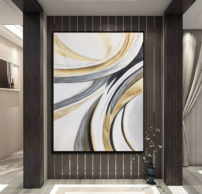 Gold and Grey Swirl Abstract Canvas – Modern Curved Line Wall Art for Contemporary Interiors