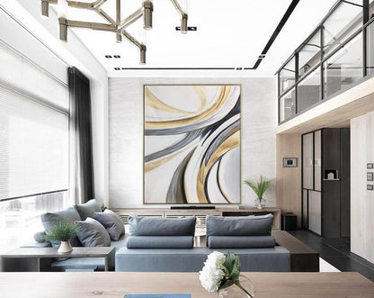 Gold and Grey Swirl Abstract Canvas – Modern Curved Line Wall Art for Contemporary Interiors