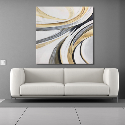 Gold and Grey Swirl Abstract Canvas – Modern Curved Line Wall Art for Contemporary Interiors