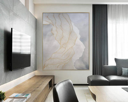 Gold Line Minimalist Abstract Canvas – Elegant Flowing Wall Art on Soft Neutral Background