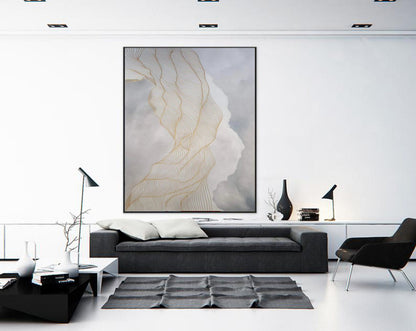 Gold Line Minimalist Abstract Canvas – Elegant Flowing Wall Art on Soft Neutral Background