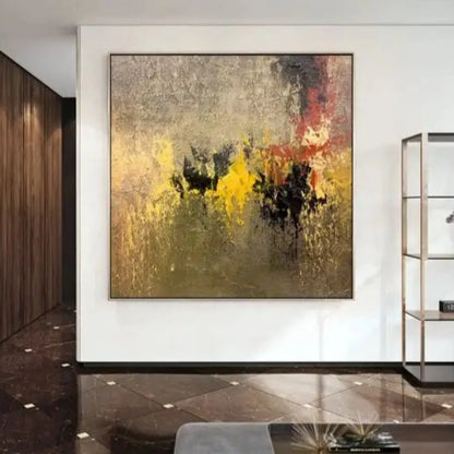 Room mockup showing gold-coloured and olive textured field with yellow and black clustered marks and a muted red band.