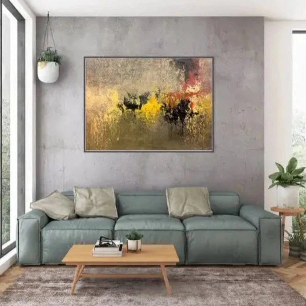 Room mockup showing gold-coloured and olive textured field with yellow and black clustered marks and a muted red band.