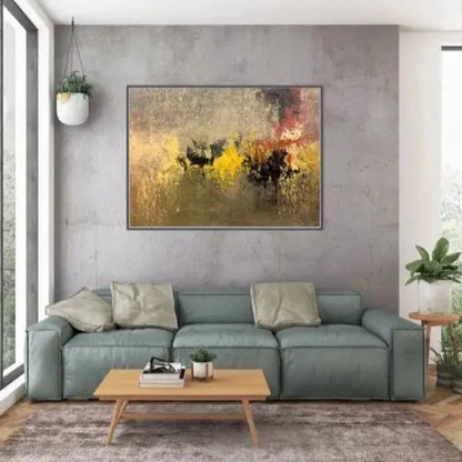 Room mockup showing gold-coloured and olive textured field with yellow and black clustered marks and a muted red band.
