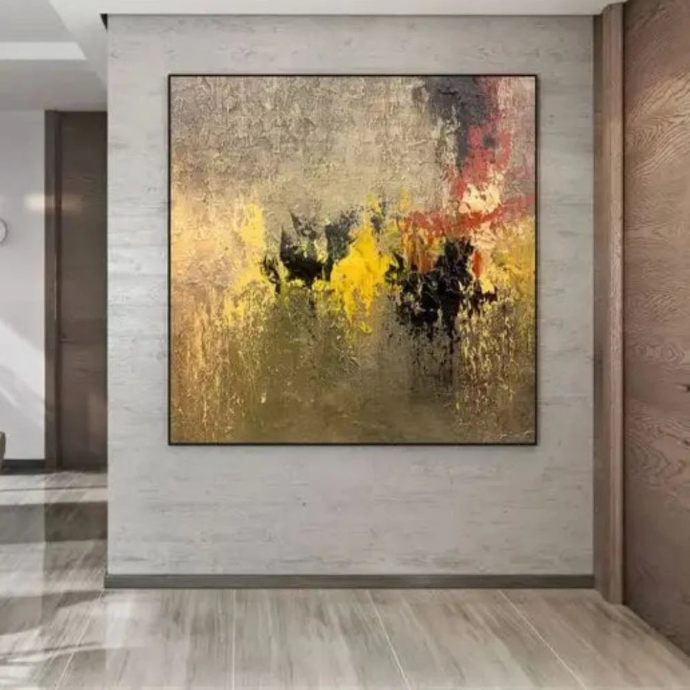 Room mockup showing gold-coloured and olive textured field with yellow and black clustered marks and a muted red band.