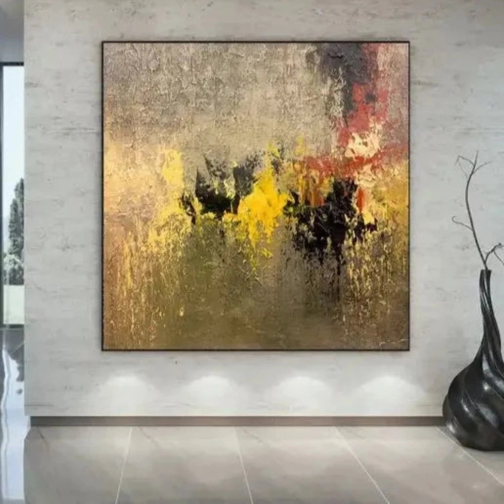 Room mockup showing gold-coloured and olive textured field with yellow and black clustered marks and a muted red band.