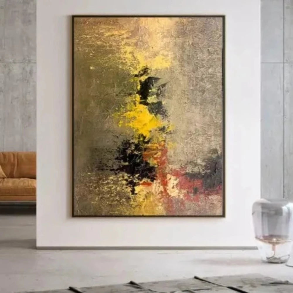 Room mockup showing gold-coloured and olive textured field with yellow and black clustered marks and a muted red band.