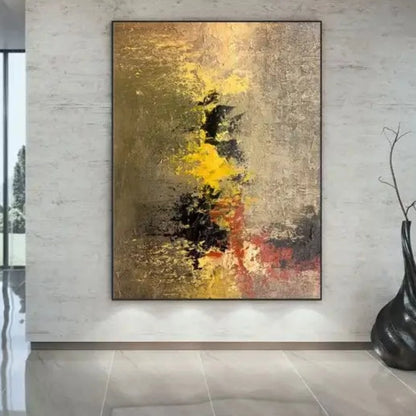 Room mockup showing gold-coloured and olive textured field with yellow and black clustered marks and a muted red band.