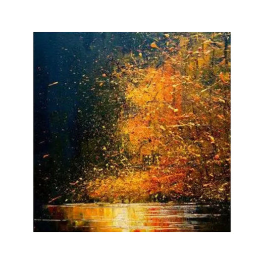 Glowing gold and orange foliage-like marks reflected across water against a deep blue background.
