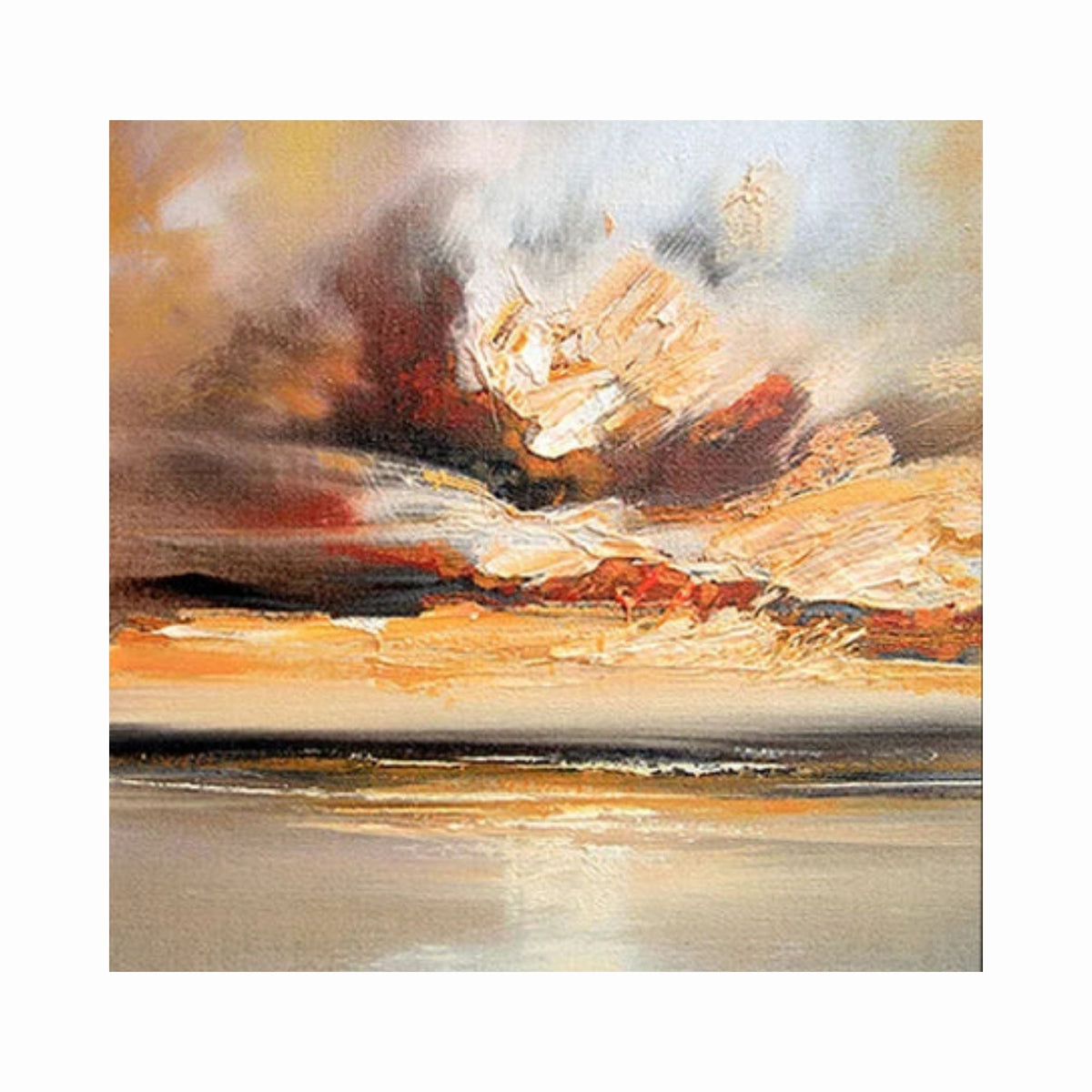 Cream, gold-coloured and orange cloud-like strokes above a dark horizontal horizon and pale reflective water.