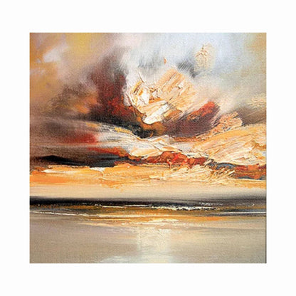 Cream, gold-coloured and orange cloud-like strokes above a dark horizontal horizon and pale reflective water.
