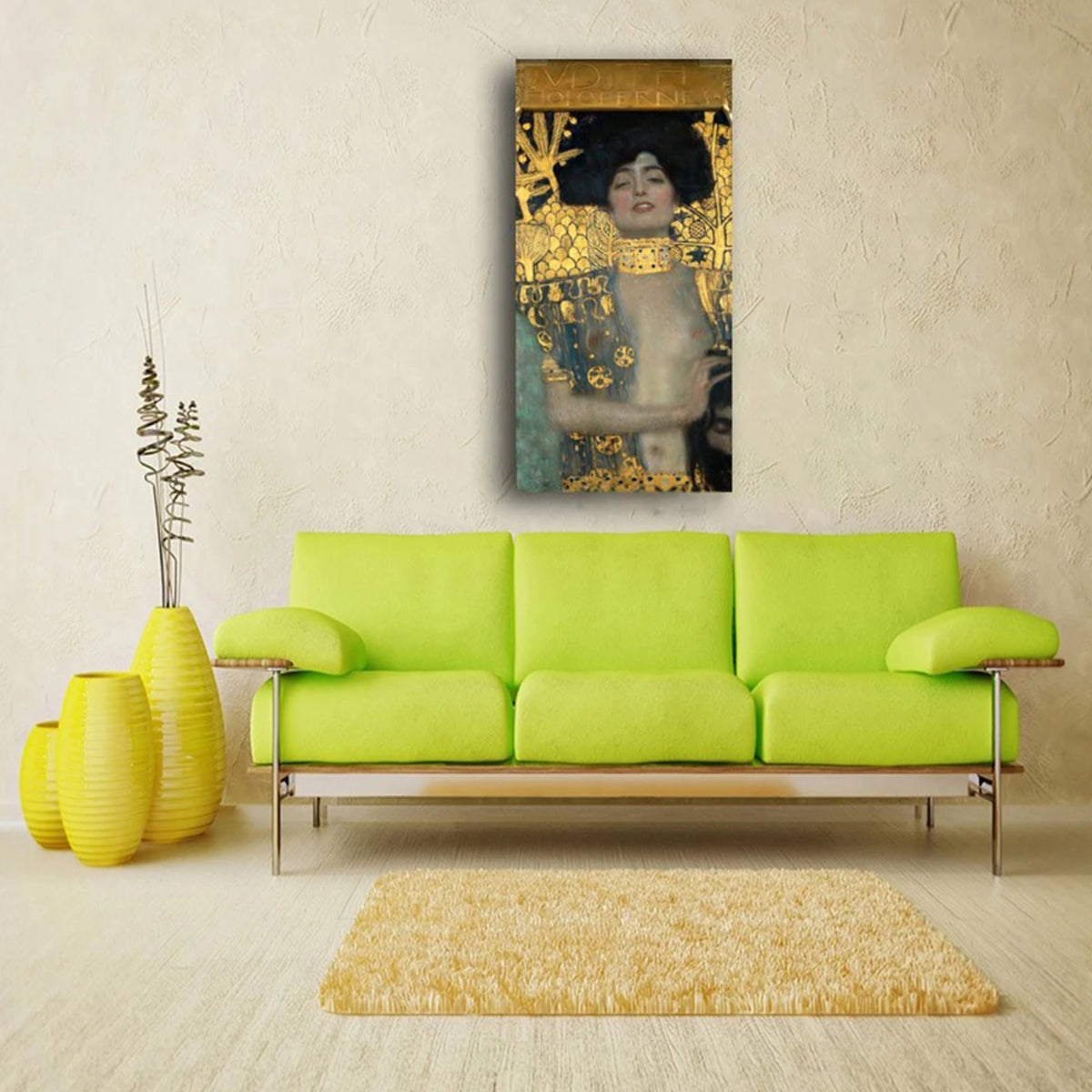 Gold-patterned woman portrait above a bright green sofa in a pale neutral living room.