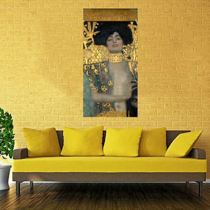 Gold-patterned woman portrait displayed above a yellow sofa against a yellow brick wall.