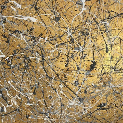 Detail of black, grey and white drip lines across a gold-toned ground.