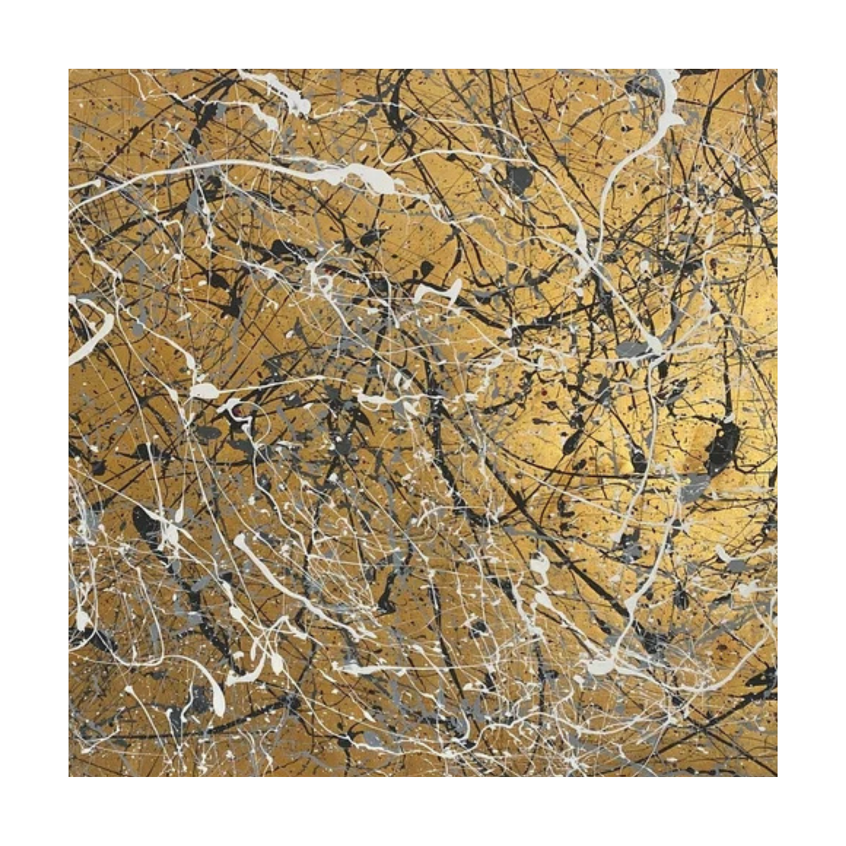 Square crop showing black, grey and white drip lines across a gold-toned ground.