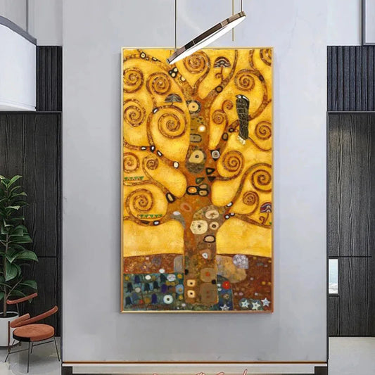 Gold spiral tree artwork displayed on a grey wall between dark doorways in a modern hallway.