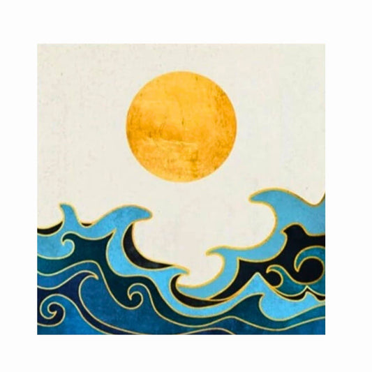 Round gold-coloured sun above curling blue and turquoise waves edged with thin gold-coloured lines on cream.