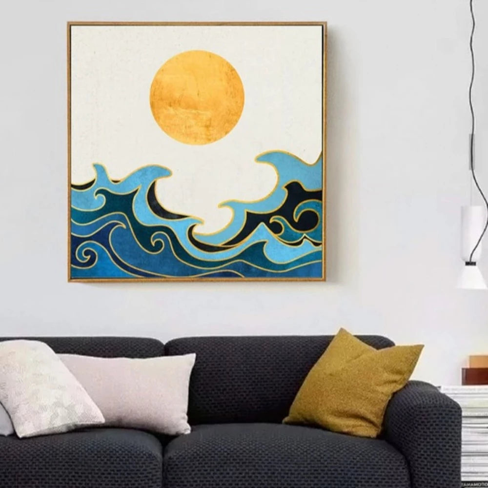 Room mockup showing round gold-coloured sun above curling blue and turquoise waves edged with thin gold-coloured lines on cream.