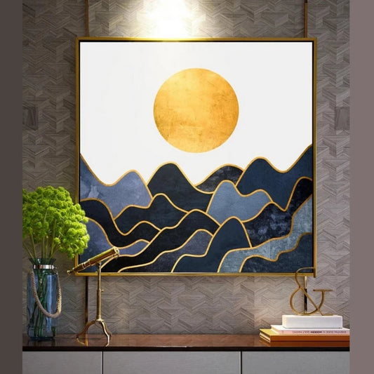 Room mockup showing round gold-coloured sun above layered navy and blue-grey waves outlined in gold-coloured lines against cream.