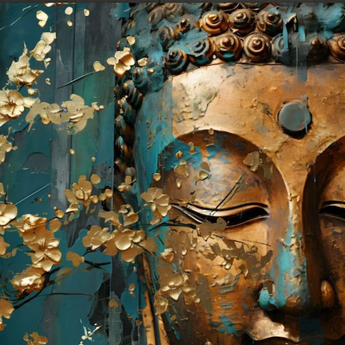 Close-up of a closed eye, bronze-gold face and delicate floral motifs.