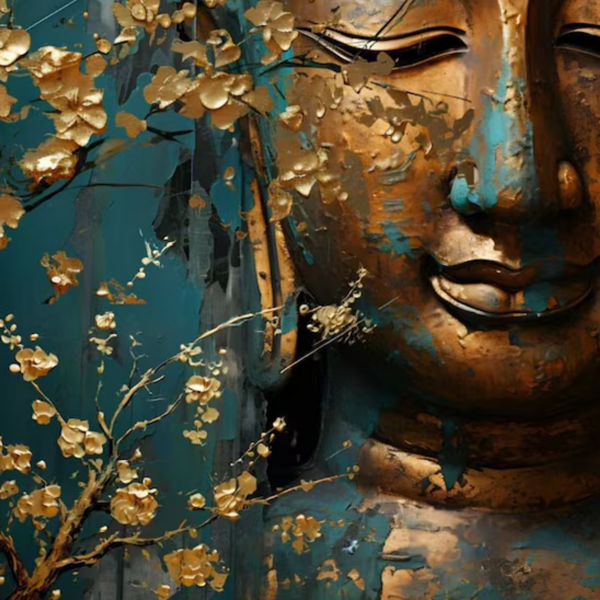 Detail of gold-toned blossoms beside the Buddha’s cheek and lips.