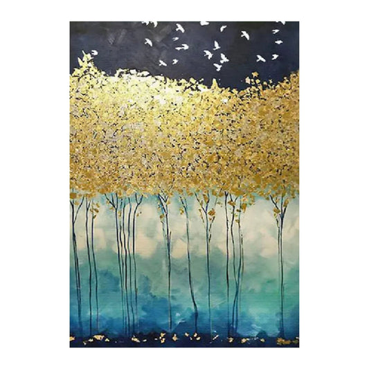 Gold-coloured tree canopy on slender dark trunks over teal ground beneath a charcoal sky dotted with white birds.