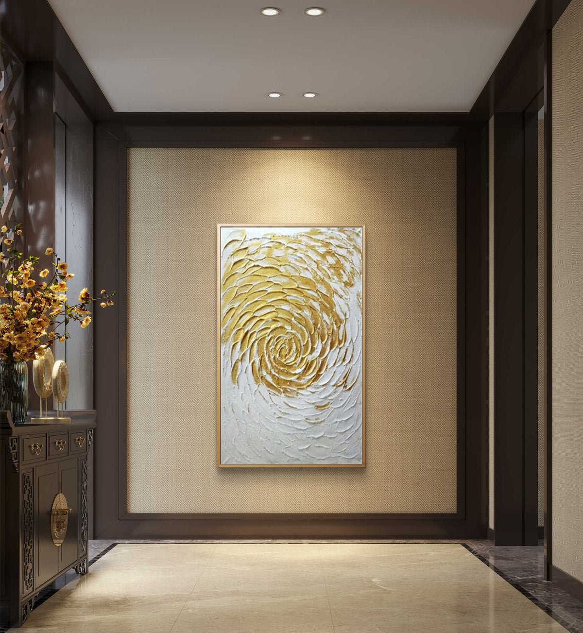 Room mockup. Raised gold-coloured and white petal-like strokes spiral outward from a small centre over a white textured field.
