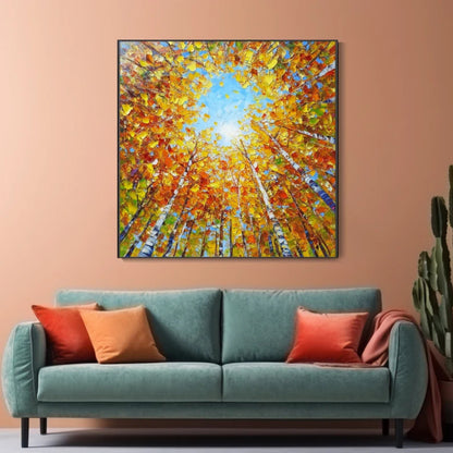 Golden Canopy Autumn Forest Sky View Painting