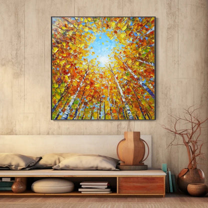 Golden Canopy Autumn Forest Sky View Painting