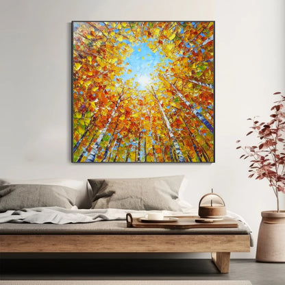Golden Canopy Autumn Forest Sky View Painting