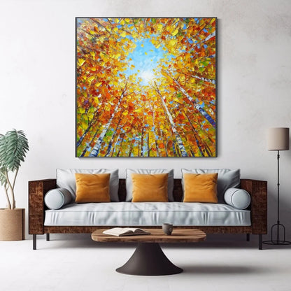 Golden Canopy Autumn Forest Sky View Painting