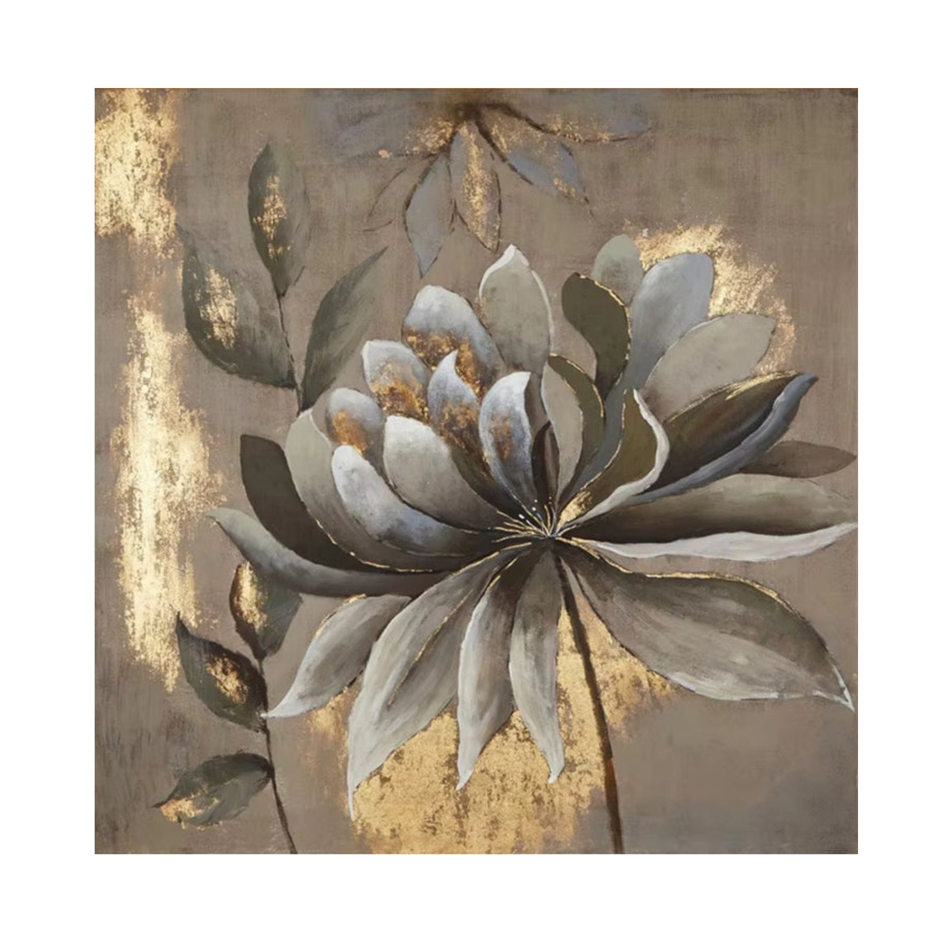 Golden Bloom hand-painted floral canvas with gold leaf detailing in soft neutral tones