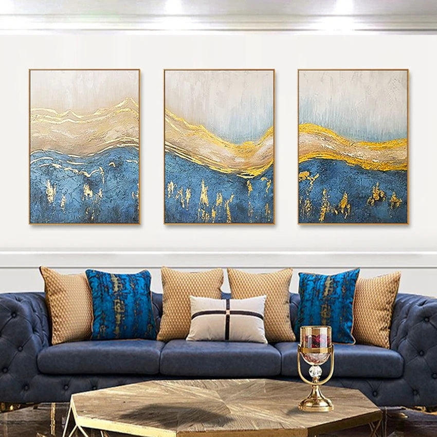 Golden Blue Waves Abstract Set of 3 Wall Decor Painting