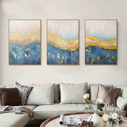 Golden Blue Waves Abstract Set of 3 Wall Decor Painting