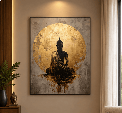 Room mockup of a black seated Buddha silhouette against a gold-toned circular halo.