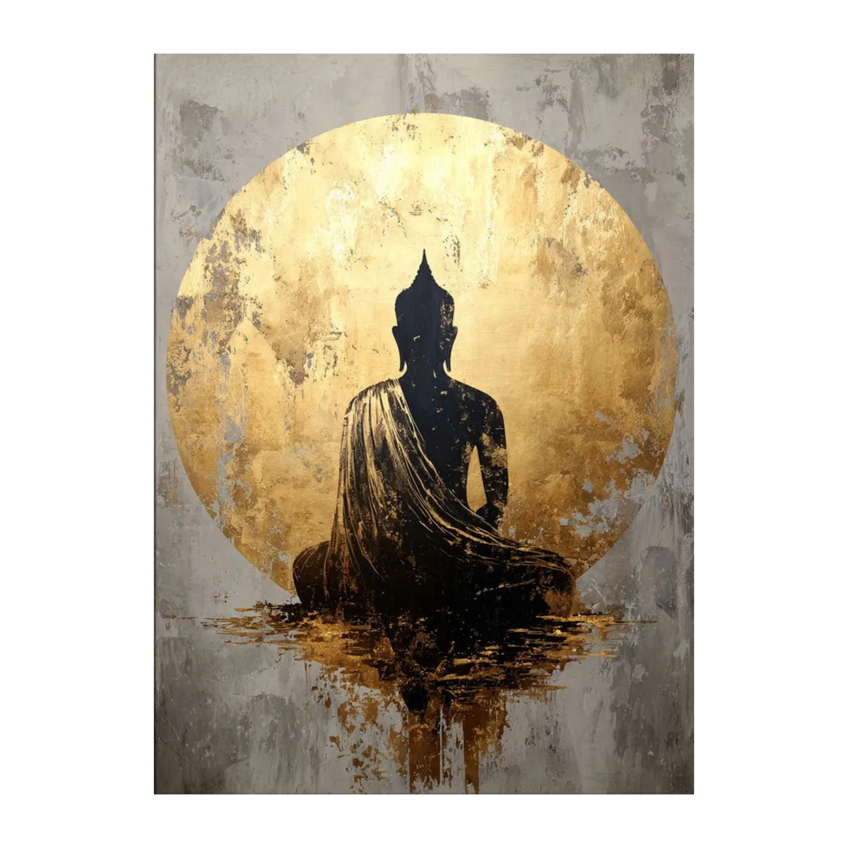 Full view of a black meditating Buddha, gold halo and textured grey background.