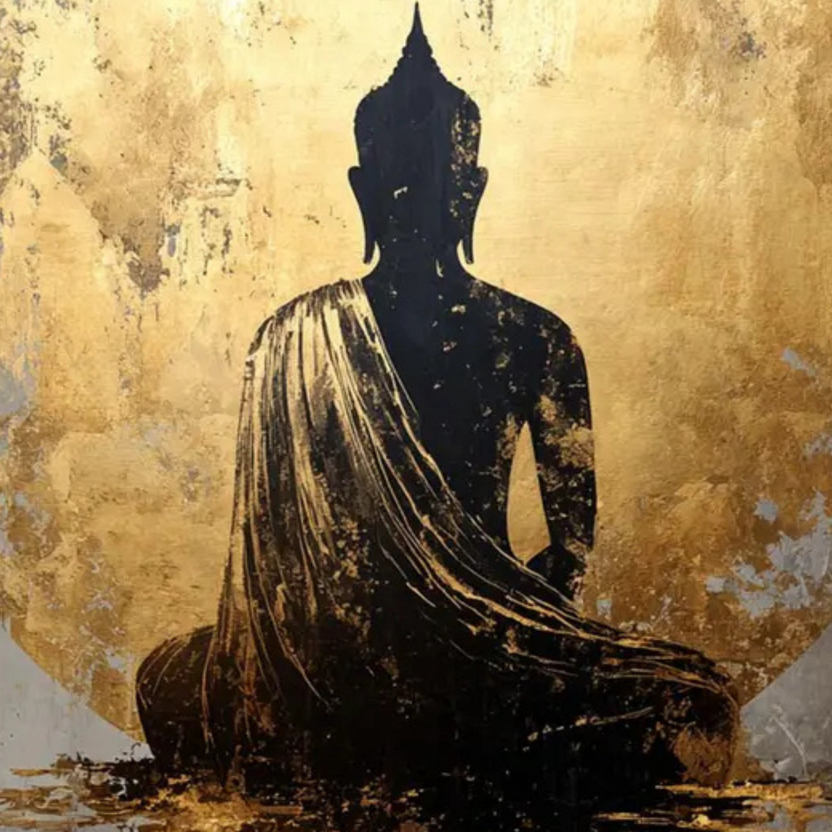 Close-up of the black seated Buddha silhouette against a gold-toned halo.