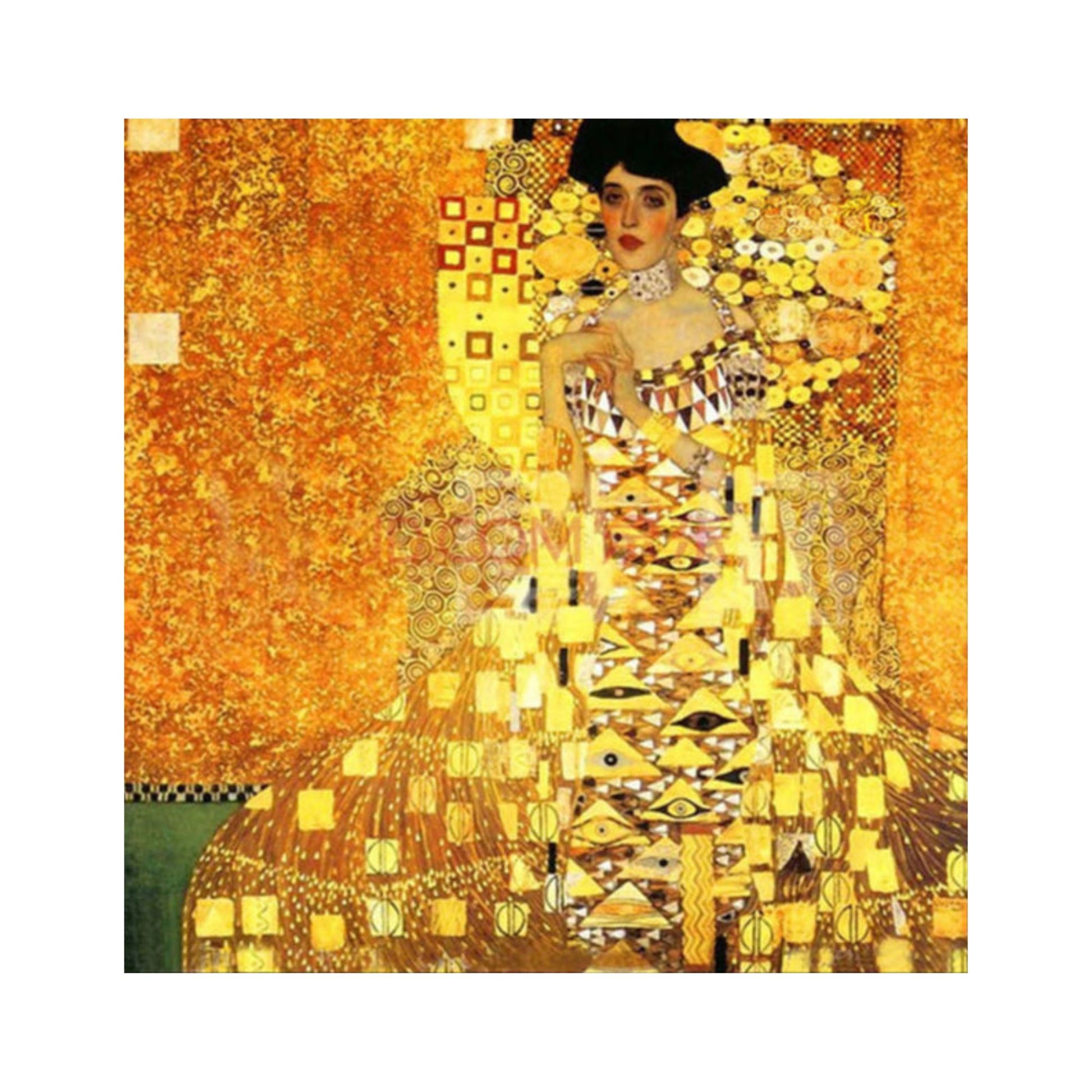 Hand-painted Gustav Klimt reproduction artwork with gold tones and geometric patterns