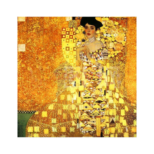 Hand-painted Gustav Klimt reproduction artwork with gold tones and geometric patterns