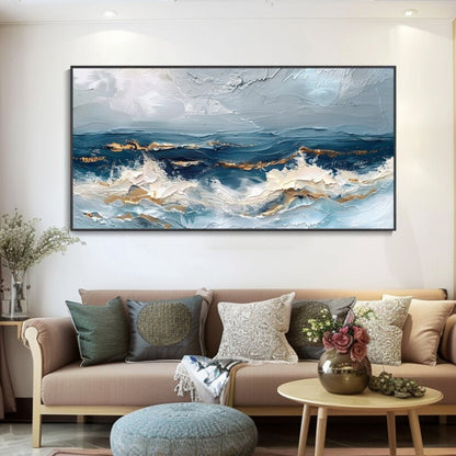Golden Horizon Waves Abstract Ocean Painting with Metallic Accents